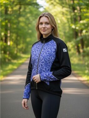 Descente Purple Floral-Panel Bomber Jacket with Black Sleeves